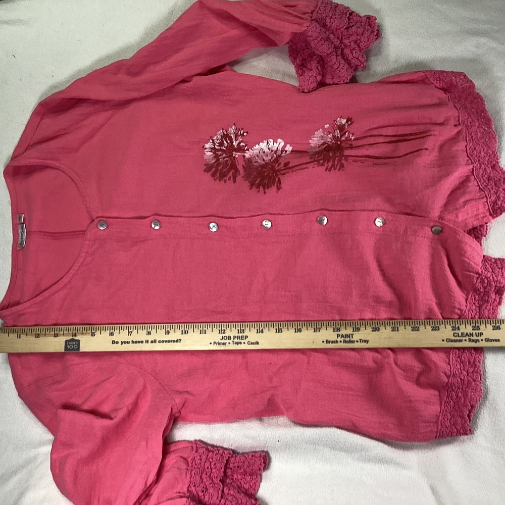 Petsche Womens Pink Cotton Crochet Lace Trim Floral Button Front Top Size M - Picture 5 of 8
